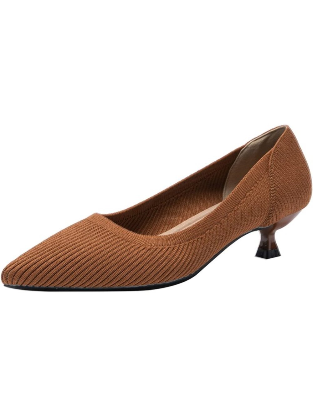 Women's Brown Pointed Toe Knit Slip On Comfortable Kitten Heels Pumps Shoes